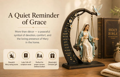 ✝️ Blessed Mary Cradle Swing Ornament – Luke 1:46–47 Faith Table Decor | Holy Virgin Prayer Sculpture with Dove & Crescent Arch Home Decoration
