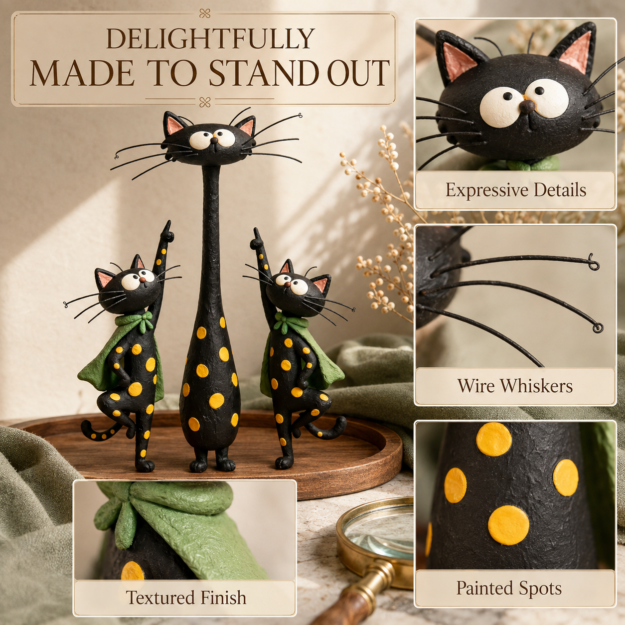 The Curious Cat Trio – Whimsical Black Cat Figurine Set