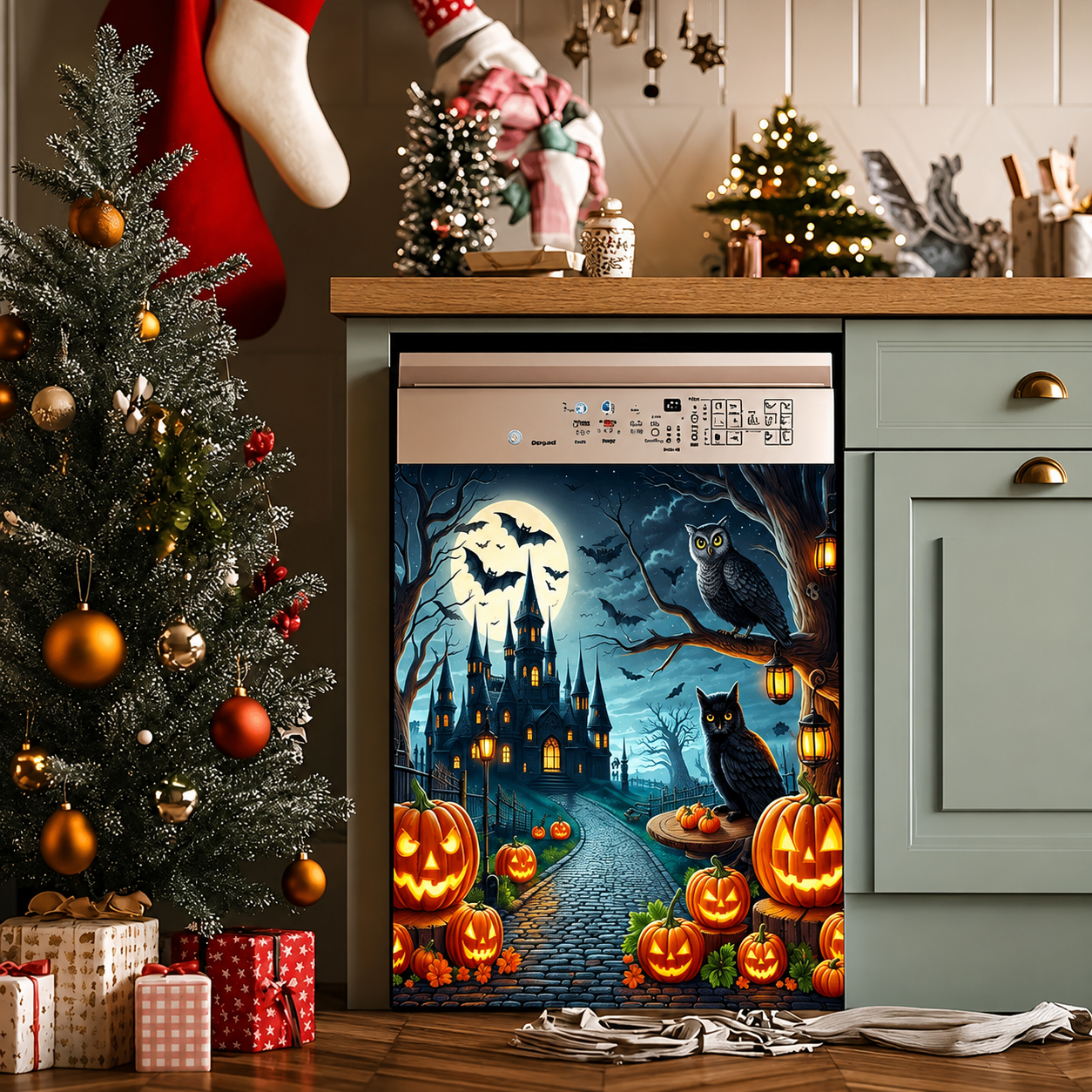 Reusable Halloween-Themed Magnetic Dishwasher Cover – Kitchen Decor for a Spooky Atmosphere