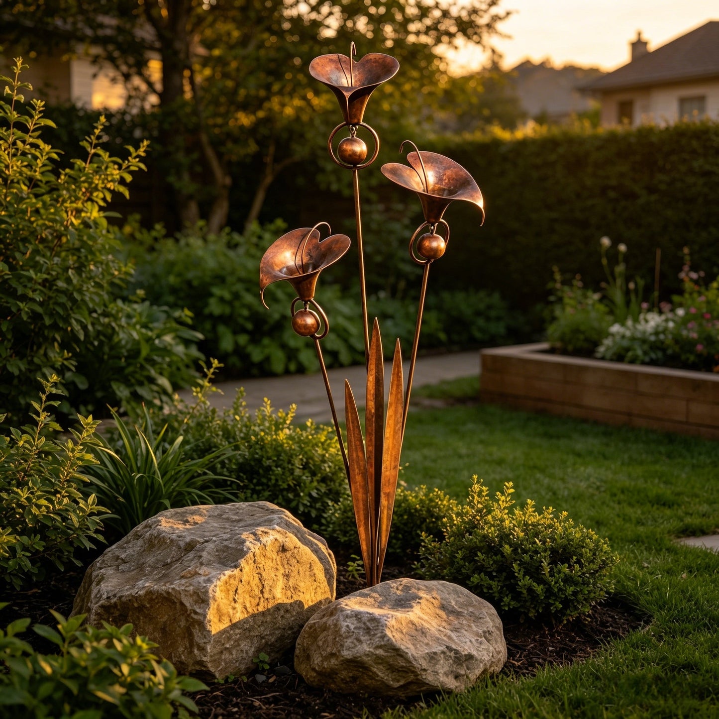 Flamed Copper Three Calla Lilies Garden Stake with Bells
