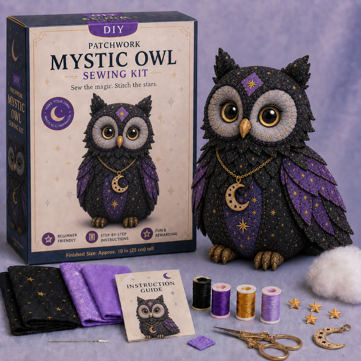 Mystic Patchwork Animal Sewing Kit – DIY Plush Craft Kit with Starry Fabric, Moon Charm & Step-by-Step Instructions
