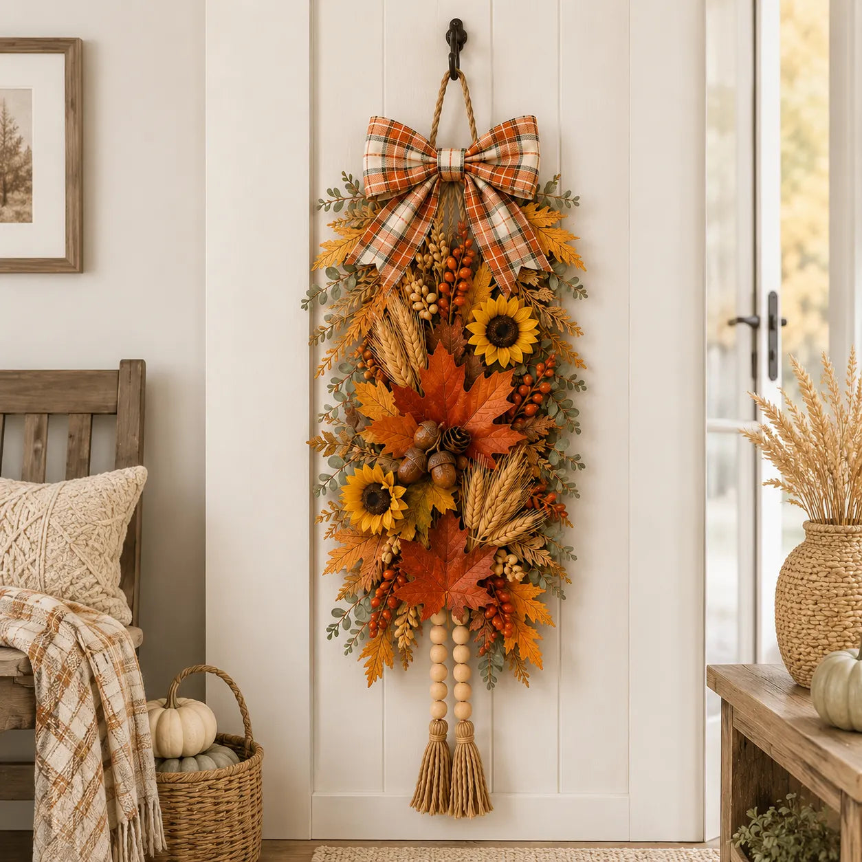 🍂✨Country-Style Harvest Door Hanging Decoration with Warm Lights