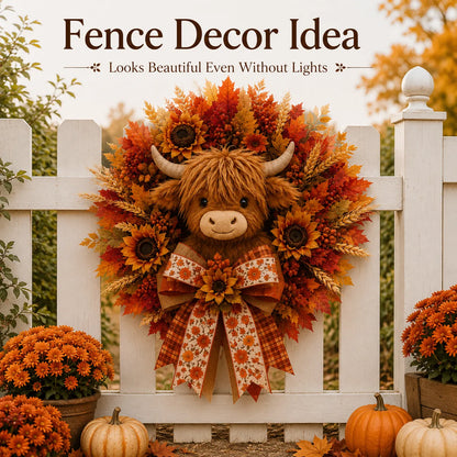 🍂🐮Autumn Highland cow wreath decoration with lights