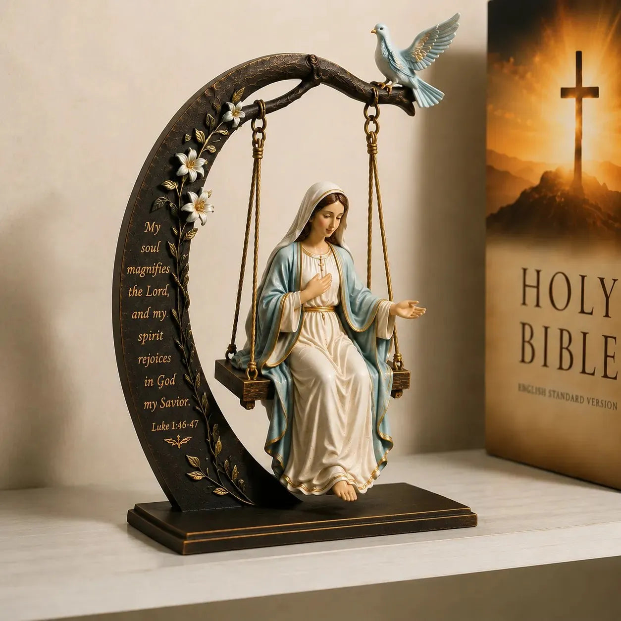 ✝️ Blessed Mary Cradle Swing Ornament – Luke 1:46–47 Faith Table Decor | Holy Virgin Prayer Sculpture with Dove & Crescent Arch Home Decoration