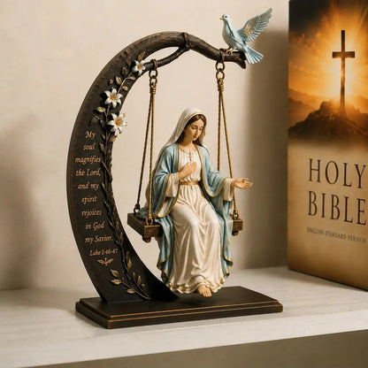 ✝️ Blessed Mary Cradle Swing Ornament – Luke 1:46–47 Faith Table Decor | Holy Virgin Prayer Sculpture with Dove & Crescent Arch Home Decoration