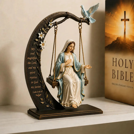 ✝️ Blessed Mary Cradle Swing Ornament – Luke 1:46–47 Faith Table Decor | Holy Virgin Prayer Sculpture with Dove & Crescent Arch Home Decoration