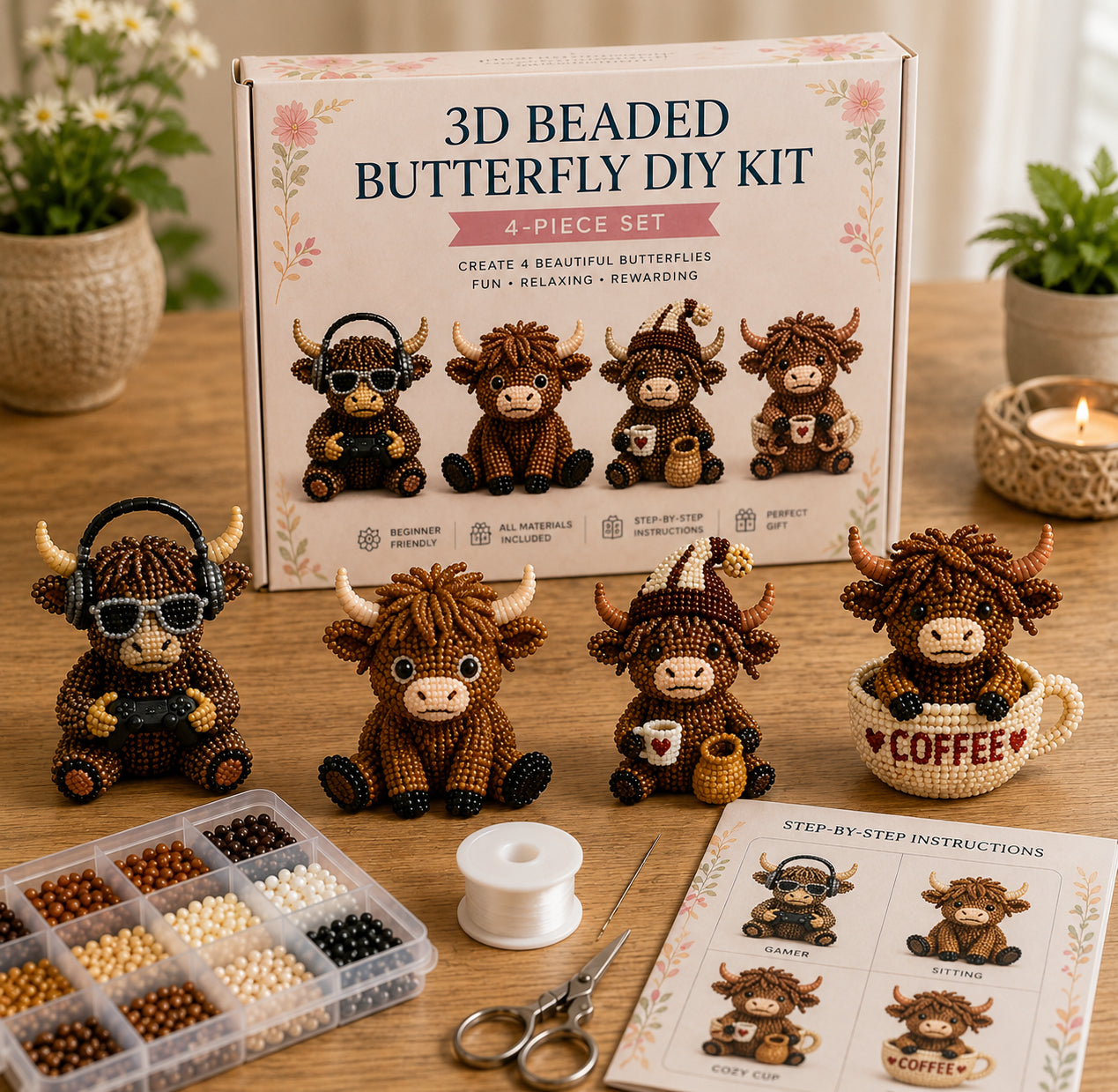 3D Highland Cow DIY Bead Kit – 8 Adorable Handmade Cow Designs Craft Set