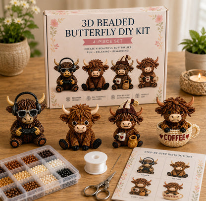 3D Highland Cow DIY Bead Kit – 8 Adorable Handmade Cow Designs Craft Set