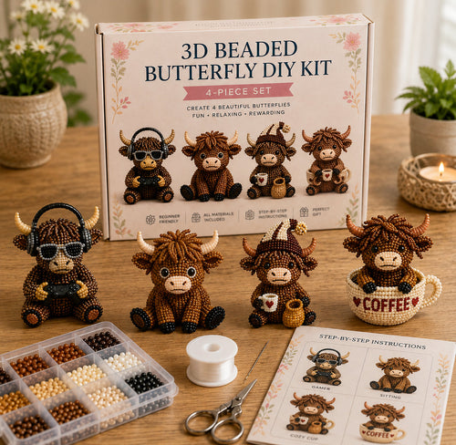 3D Highland Cow DIY Bead Kit – 8 Adorable Handmade Cow Designs Craft Set