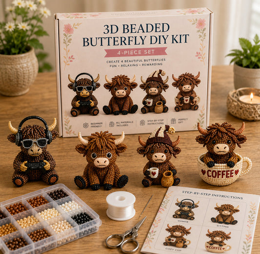 3D Highland Cow DIY Bead Kit – 8 Adorable Handmade Cow Designs Craft Set