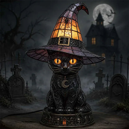 Gothic Stained Glass Witch Black Cat Table Lamp | Halloween Witch Hat Night Light Decor