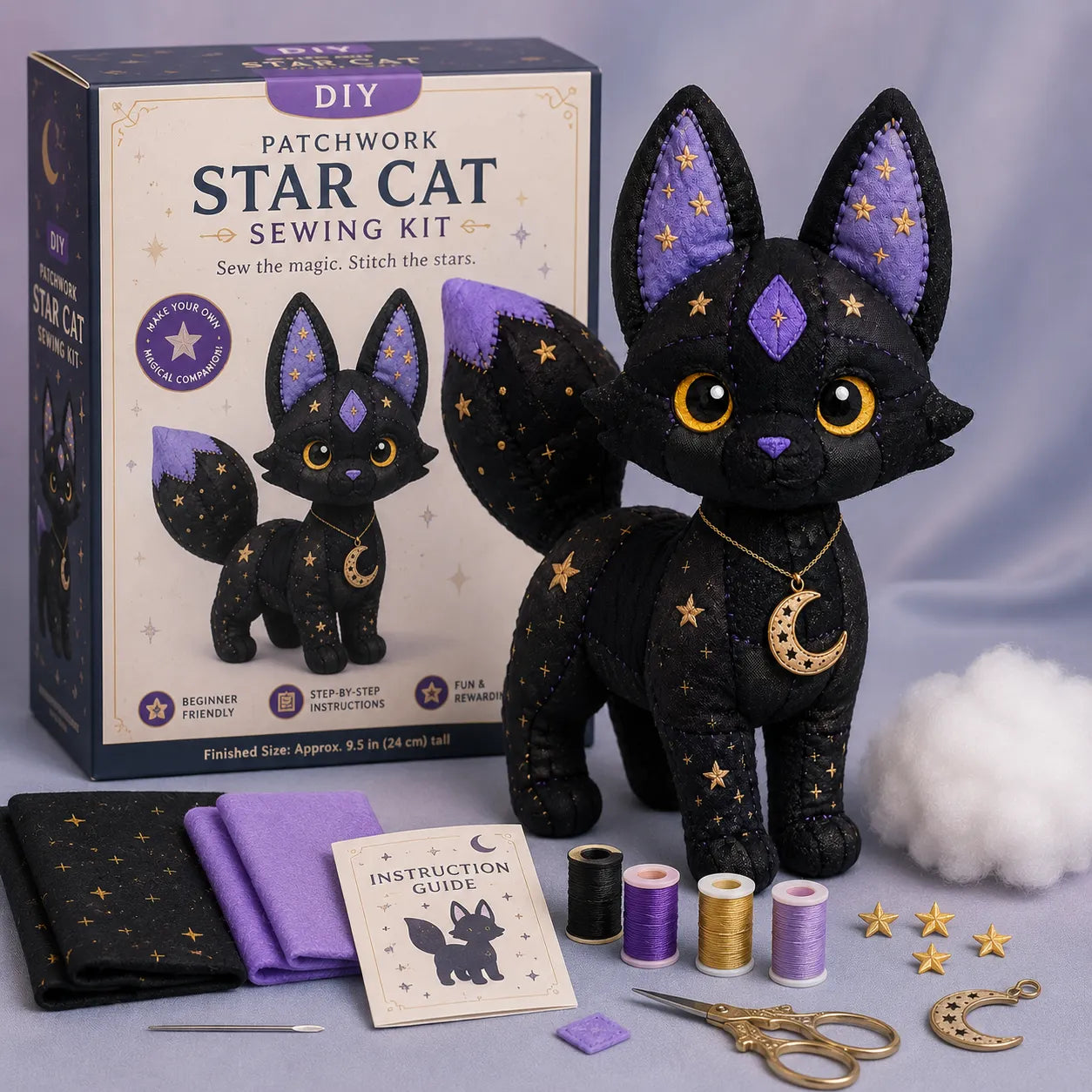 Mystic Patchwork Animal Sewing Kit – DIY Plush Craft Kit with Starry Fabric, Moon Charm & Step-by-Step Instructions