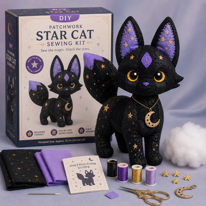 Mystic Patchwork Animal Sewing Kit – DIY Plush Craft Kit with Starry Fabric, Moon Charm & Step-by-Step Instructions