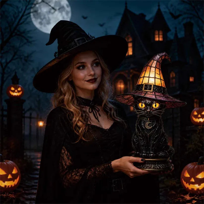 Gothic Stained Glass Witch Black Cat Table Lamp | Halloween Witch Hat Night Light Decor