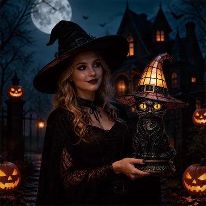 Gothic Stained Glass Witch Black Cat Table Lamp | Halloween Witch Hat Night Light Decor