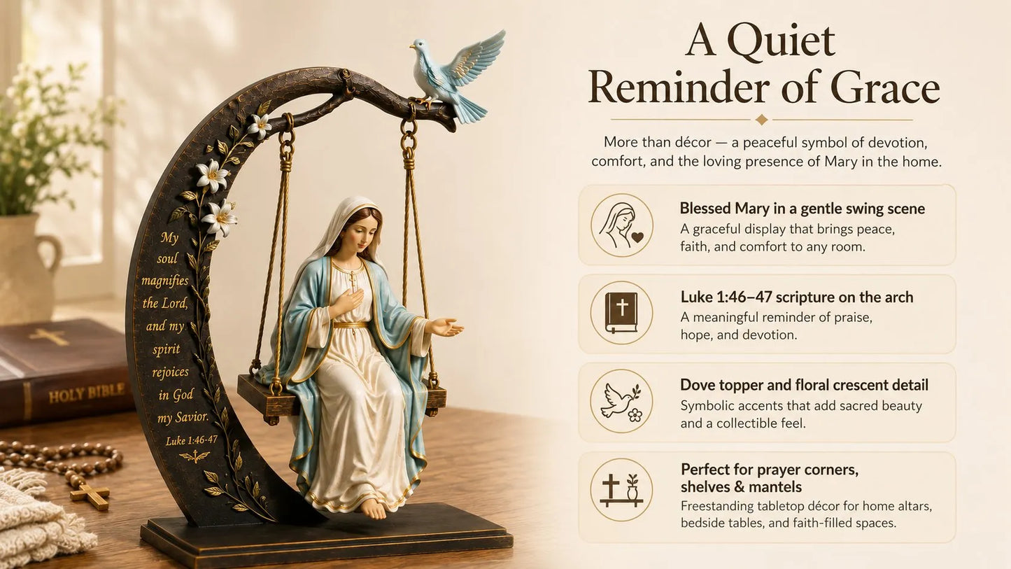 ✝️ Blessed Mary Cradle Swing Ornament – Luke 1:46–47 Faith Table Decor | Holy Virgin Prayer Sculpture with Dove & Crescent Arch Home Decoration