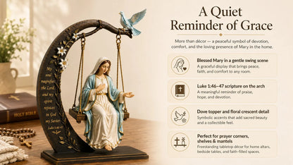✝️ Blessed Mary Cradle Swing Ornament – Luke 1:46–47 Faith Table Decor | Holy Virgin Prayer Sculpture with Dove & Crescent Arch Home Decoration