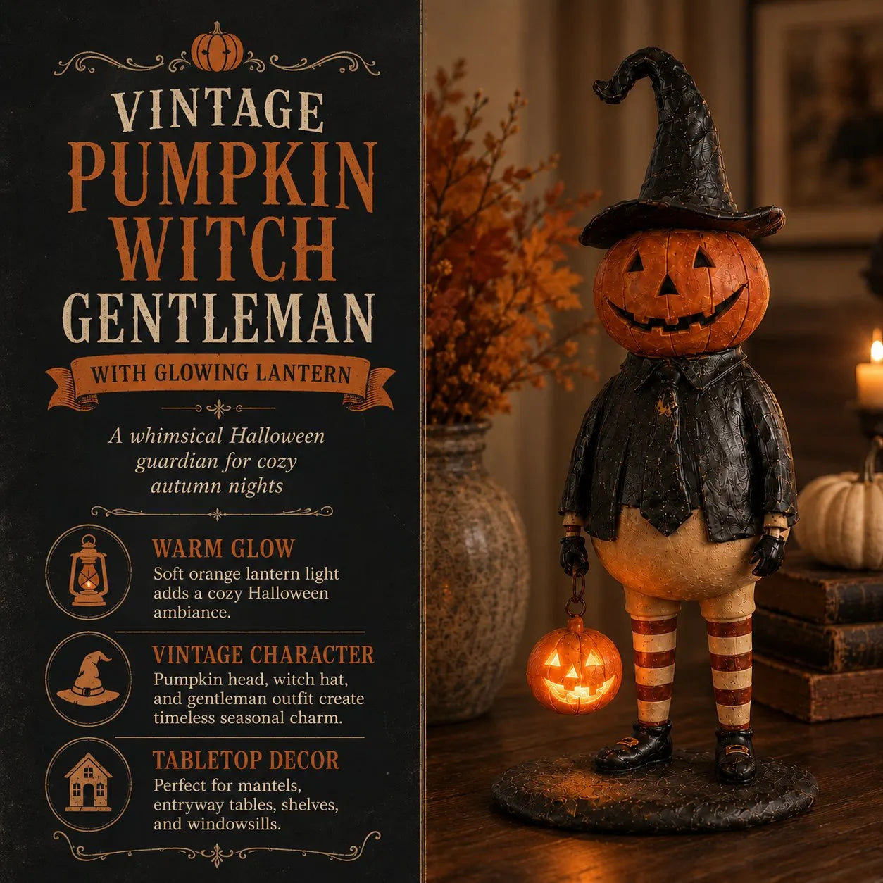 🎃Halloween Pumpkin Head Figurine with Lighted Handheld Pumpkin Lantern