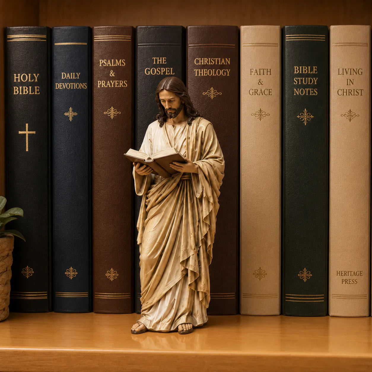 Jesus Figurine Bookshelf Decor Set – Christian Faith-Inspired Statues for Bible Study Room, Prayer Corner & Home Décor