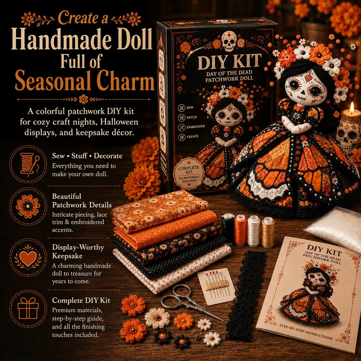 Day of the Dead Patchwork Doll DIY Kit | Handmade Fabric Craft with Floral Details