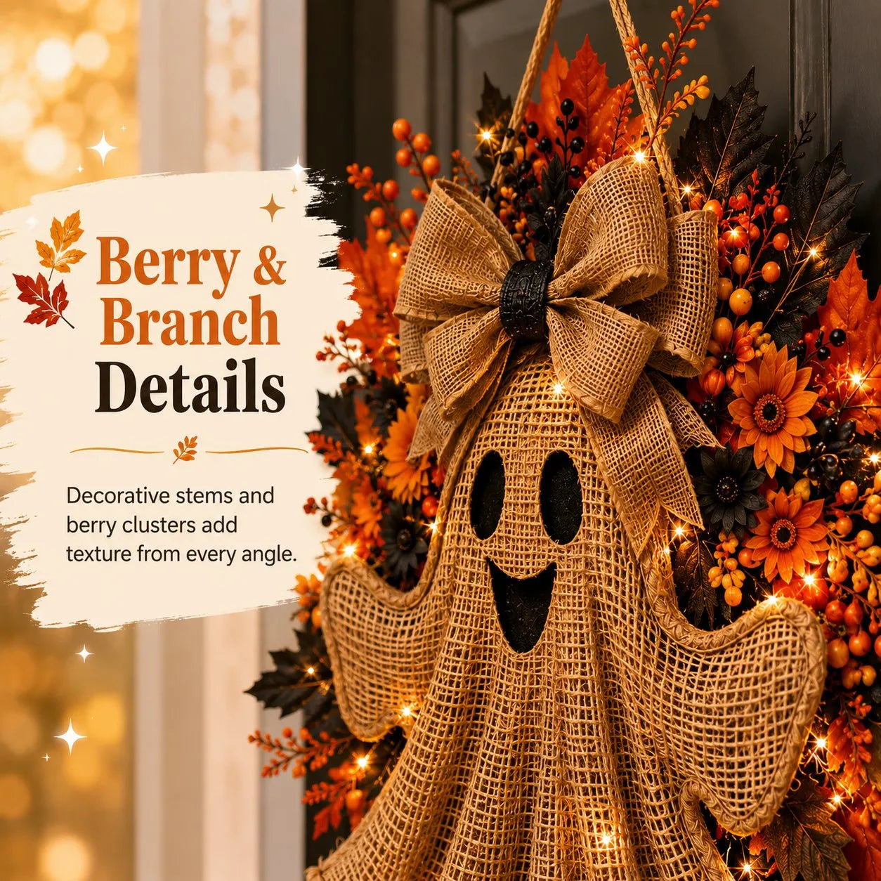 Lighted Halloween Ghost Wreath with Autumn Leaves