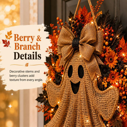 Lighted Halloween Ghost Wreath with Autumn Leaves