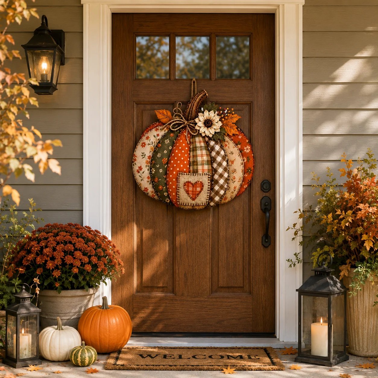 🍂🎃Autumn Retro Patchwork Pumpkin Door Hanging with Lights