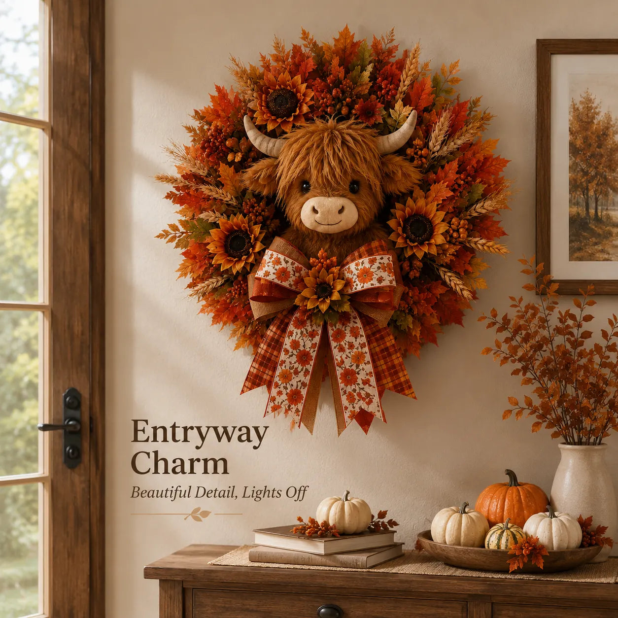 🍂🐮Autumn Highland cow wreath decoration with lights