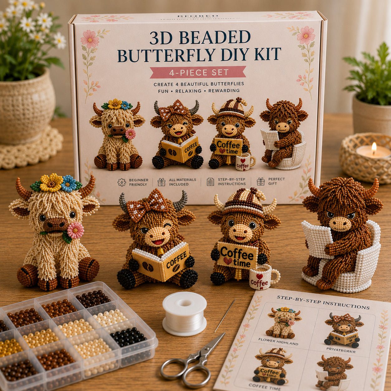 3D Highland Cow DIY Bead Kit – 8 Adorable Handmade Cow Designs Craft Set