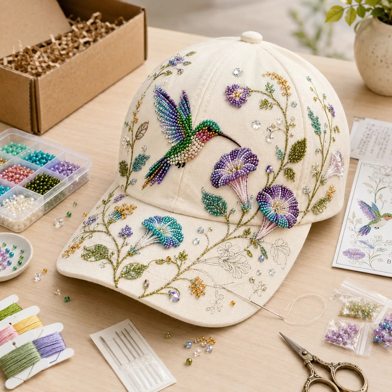 🧢🌸 Hummingbird Garden Beaded Hat DIY Kit | Handmade Floral Cap for Daily Wear & Outdoor Styling 🌿🪡