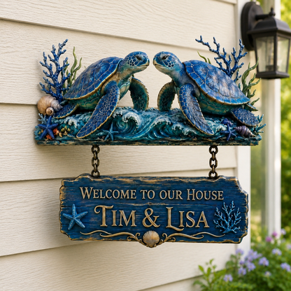🐢 Personalized Nautical Sea Turtle Welcome Sign – Coastal Wall Decor for Home