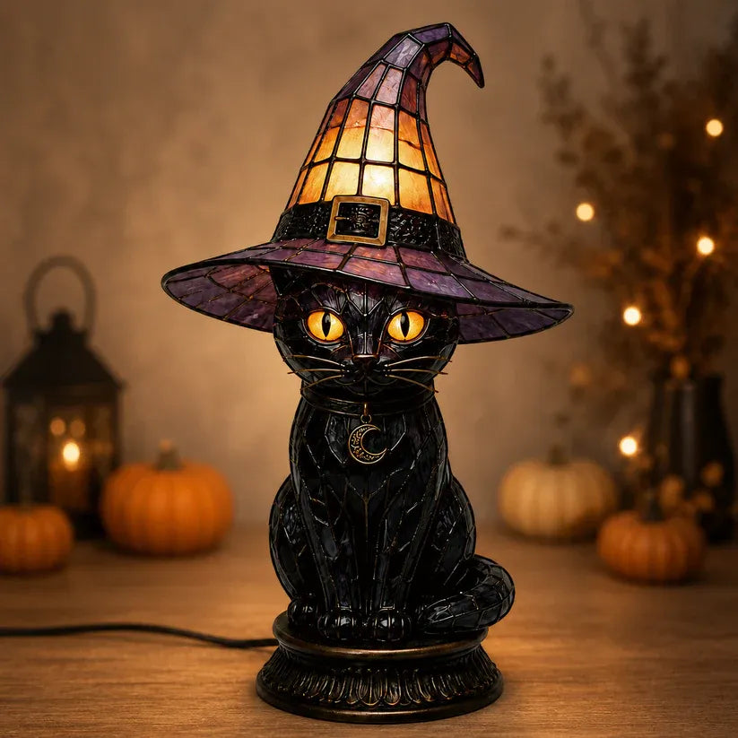Gothic Stained Glass Witch Black Cat Table Lamp | Halloween Witch Hat Night Light Decor