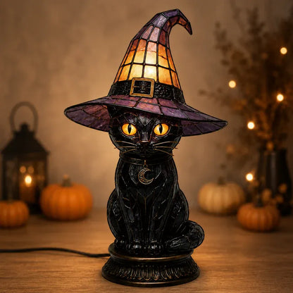 Gothic Stained Glass Witch Black Cat Table Lamp | Halloween Witch Hat Night Light Decor