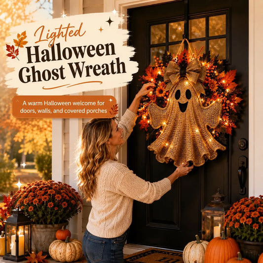 Lighted Halloween Ghost Wreath with Autumn Leaves