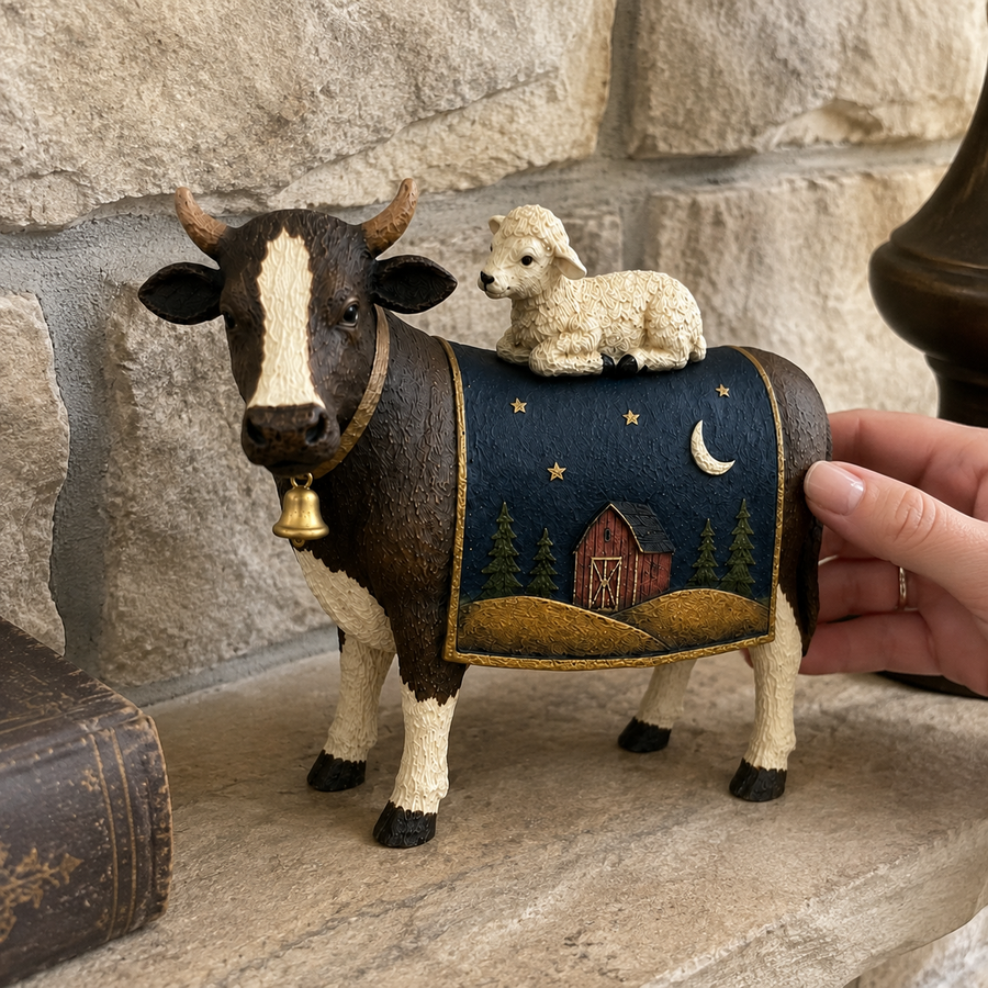 Customer farmhouse display featuring the cow and lamb keepsake