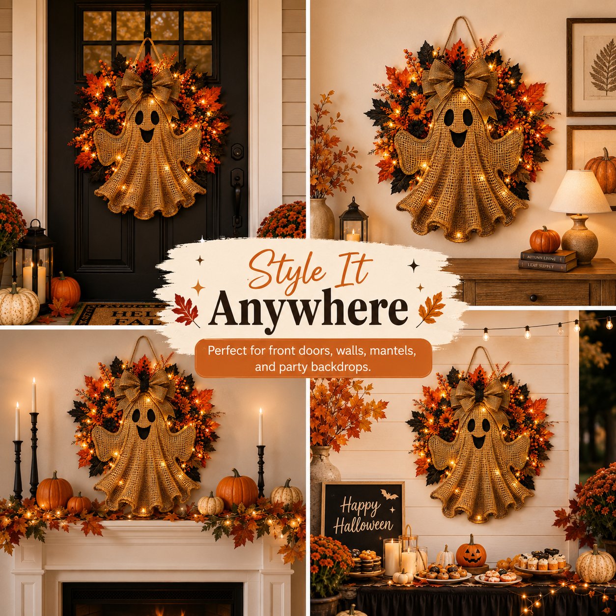 Lighted Halloween Ghost Wreath with Autumn Leaves