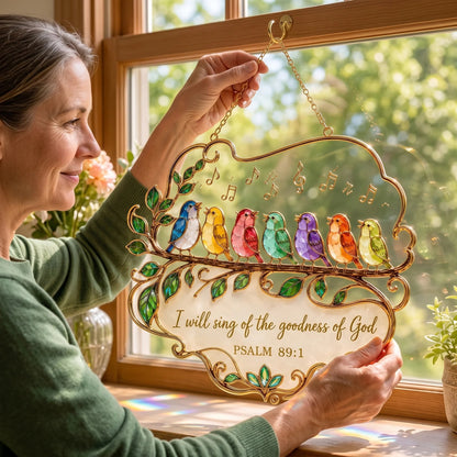 🐦🎶 Psalm 89:1 Songbird Window Suncatcher | Stained-Glass Style Faith Decor with Colorful Birds & Scripture 🕊️✨