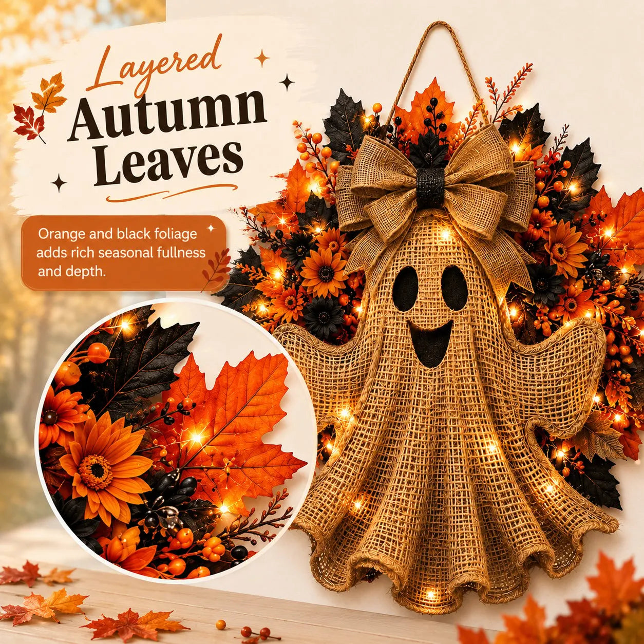 Lighted Halloween Ghost Wreath with Autumn Leaves