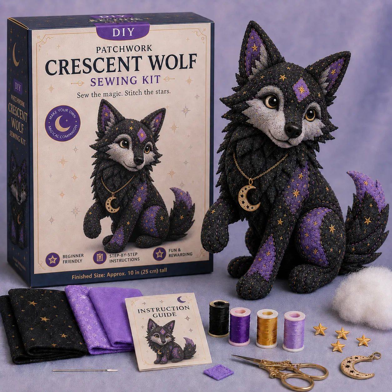 Mystic Patchwork Animal Sewing Kit – DIY Plush Craft Kit with Starry Fabric, Moon Charm & Step-by-Step Instructions