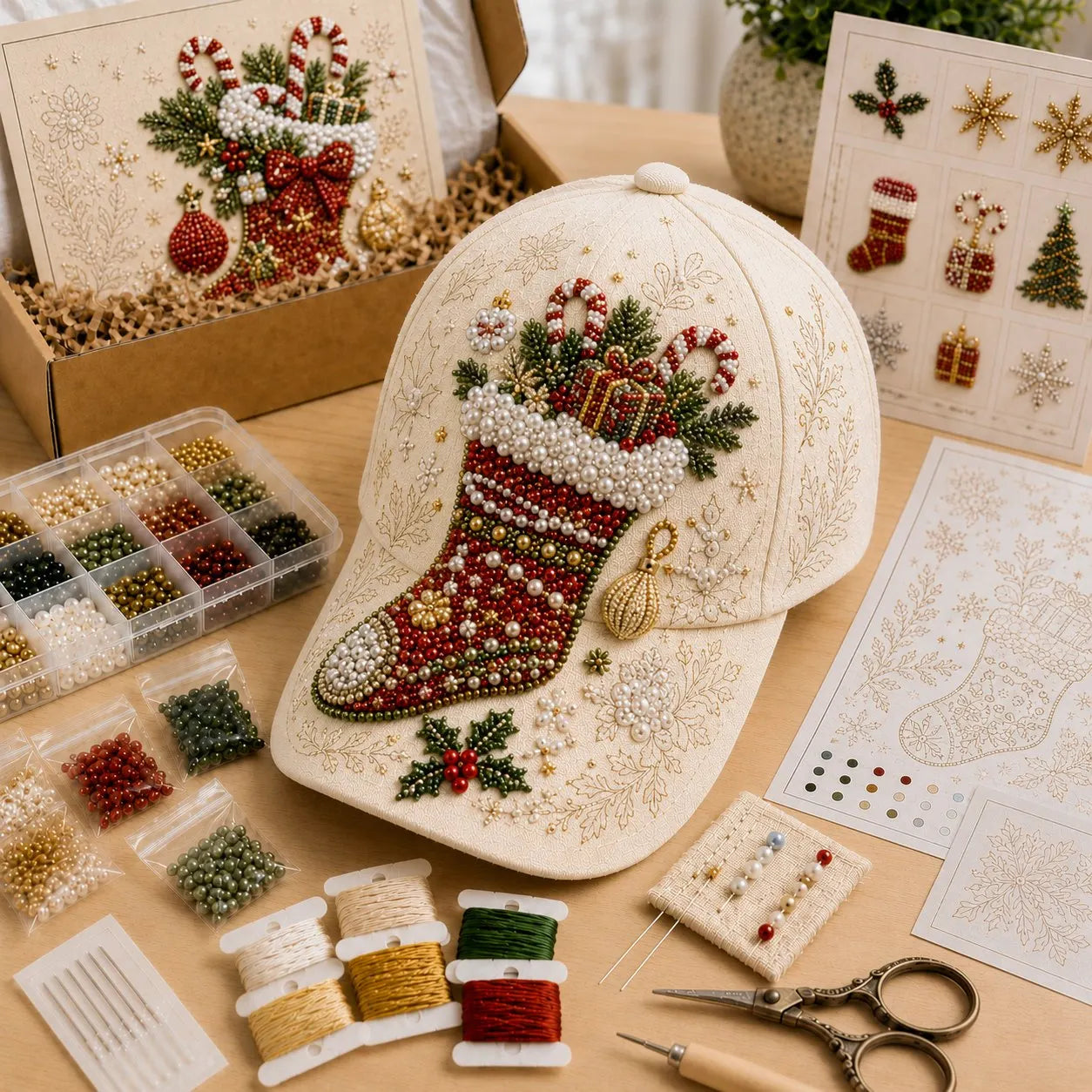 🎄🧢 Premium Christmas Beaded Hat DIY Kit | Luxury Flocked Canvas with Scratch-Resistant Non-Fading Pearl Beads DIY Handmade Holiday Cap Decor 🎅🪡✨