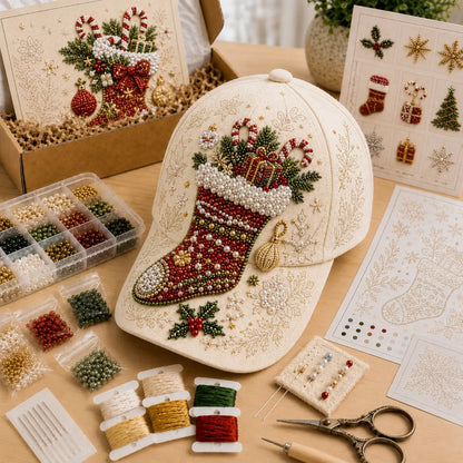🎄🧢 Premium Christmas Beaded Hat DIY Kit | Luxury Flocked Canvas with Scratch-Resistant Non-Fading Pearl Beads DIY Handmade Holiday Cap Decor 🎅🪡✨