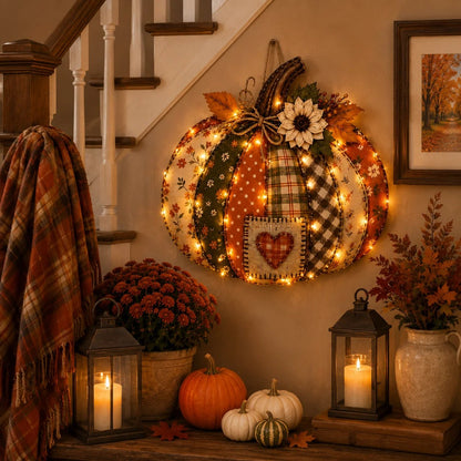 🍂🎃Autumn Retro Patchwork Pumpkin Door Hanging with Lights