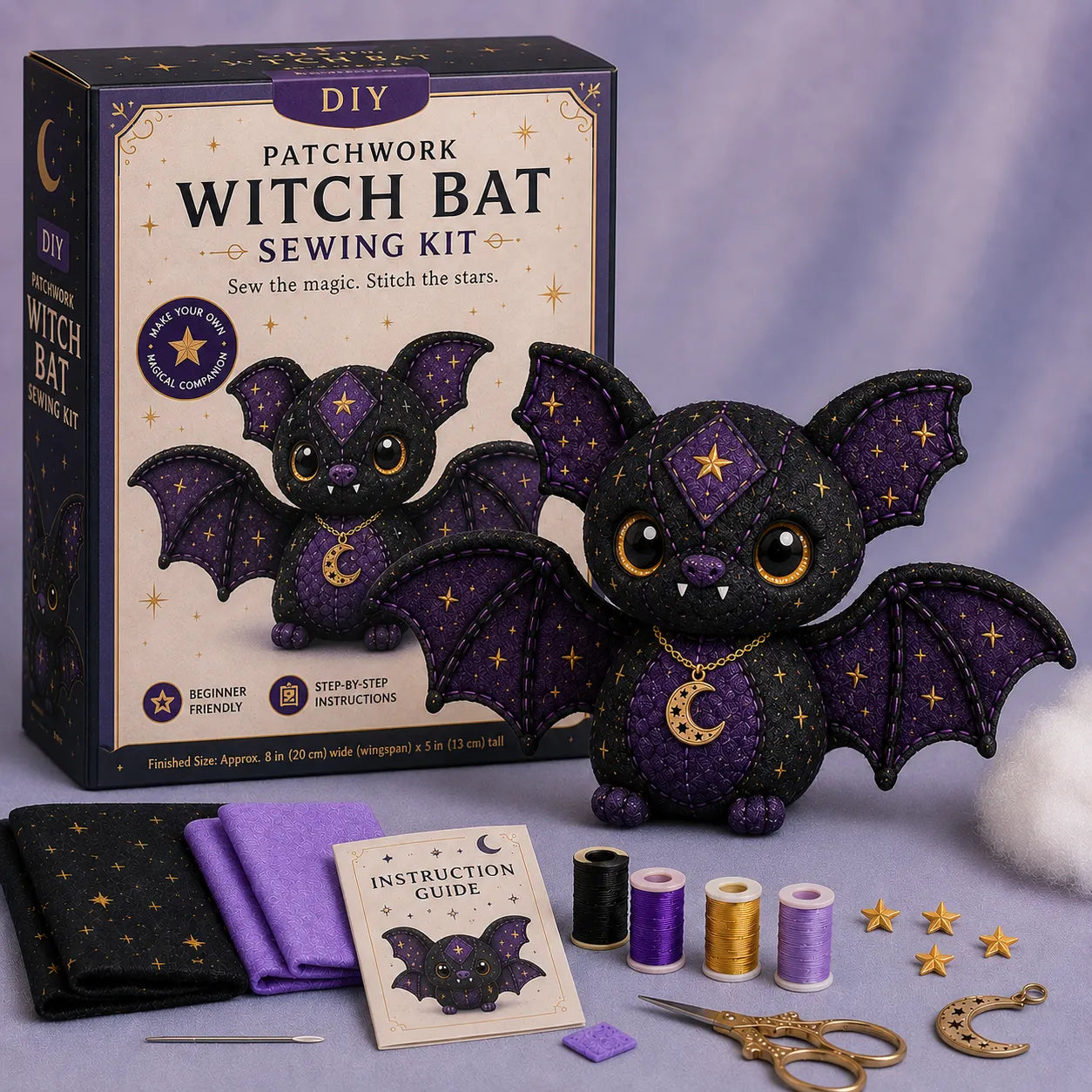 Mystic Patchwork Animal Sewing Kit – DIY Plush Craft Kit with Starry Fabric, Moon Charm & Step-by-Step Instructions