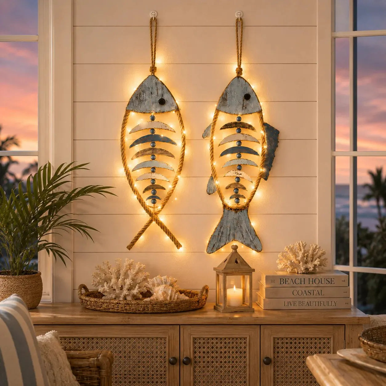 🐟✨ Lighted Coastal Rope Fish Wall Hanging