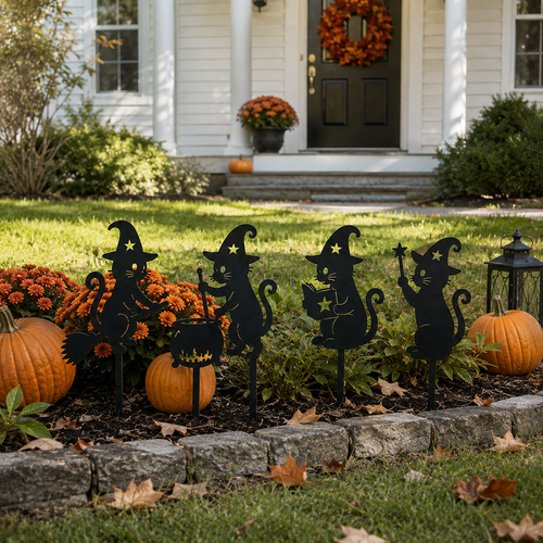 Set of 4 Metal Black Cat Yard Decorations