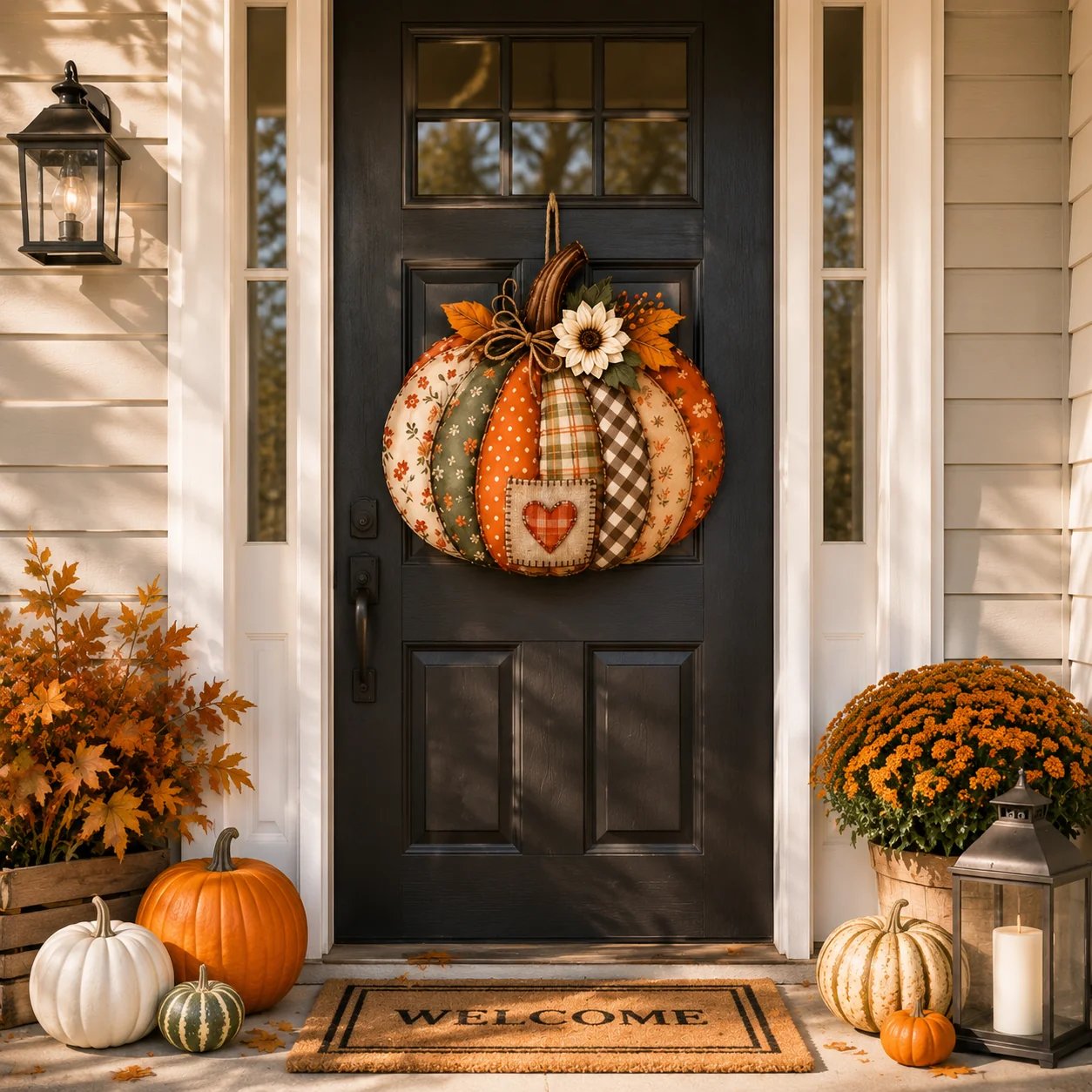 🍂🎃Autumn Retro Patchwork Pumpkin Door Hanging with Lights