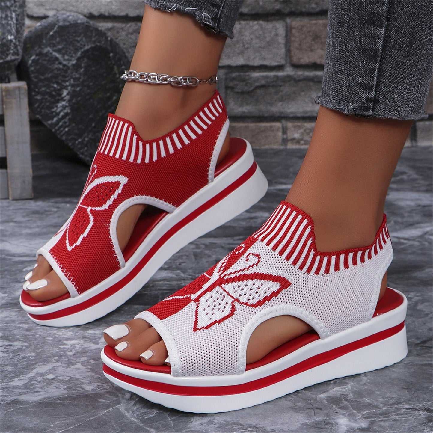 Norvail Woven Butterfly Cutout Toe Sandals ,Casual Breathable Butterfly Slip On Platform Sneaker Sandals, Thick Sole Peep Toe Summer Walking Casual Beach Sandals, Vacation Shoes for Women Summer