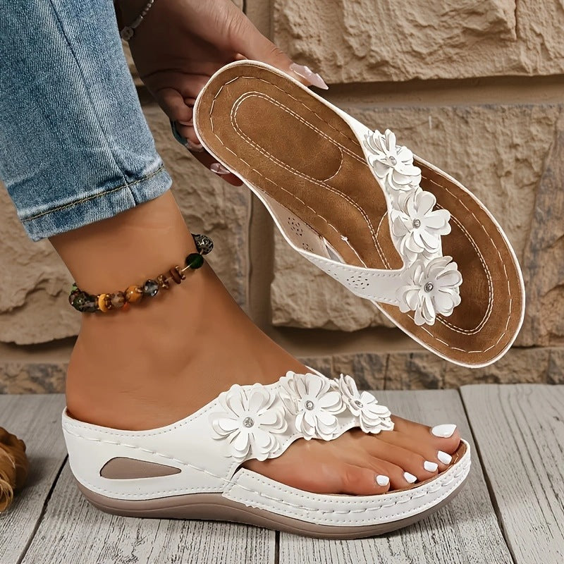 Comfy Rhinestone Flower Wedge Sandals with Arch Support (Slip-On)