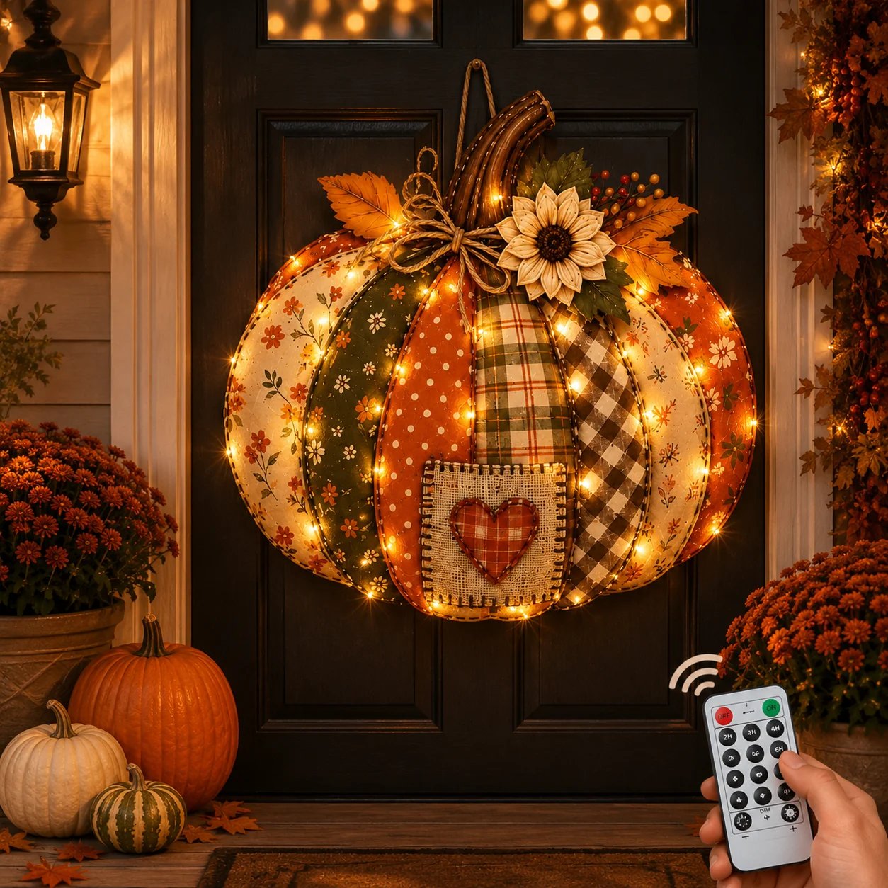 🍂🎃Autumn Retro Patchwork Pumpkin Door Hanging with Lights