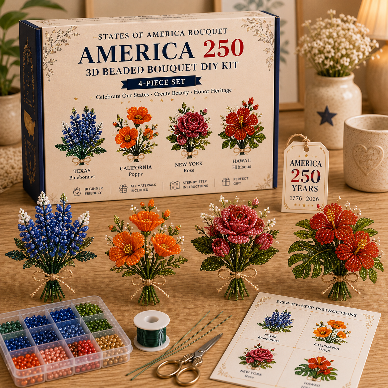 America 250 Beaded Bouquet DIY Kit – Limited Edition Patriotic Craft Collection